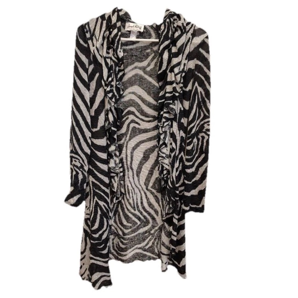 Vtg Joseph Ribkoff Zebra Print Open Cardigan Women 8 Ruffles Y2K Black Gray